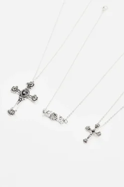 Set Of 3 Flower, Cross, & Roses Necklace*Garage Clothing Hot