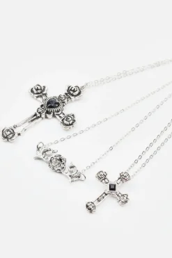 Set Of 3 Flower, Cross, & Roses Necklace*Garage Clothing Hot